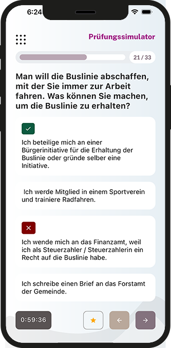 Eine Frage im Prüfungssimulator mit Countdown und markierter richtiger Antwort