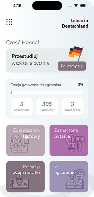 Ekran główny LebenPro z Twoją gotowością do egzaminu i skrótami do egzaminu próbnego, oznaczonych pytań i notatek