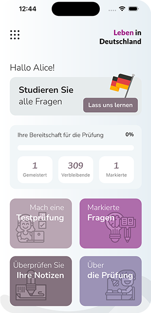 Der LebenPro-Startbildschirm mit deiner Prüfungsbereitschaft und Verknüpfungen zu Testprüfung, markierten Fragen und Notizen