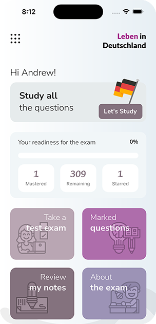 The LebenPro home screen with your exam readiness and shortcuts to the mock exam, marked questions and notes