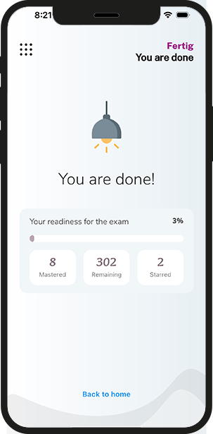 End-of-session summary showing mastered, remaining and starred questions