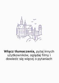 Ekran powitalny o tłumaczeniach, odpowiedziach innych użytkowników i filmach