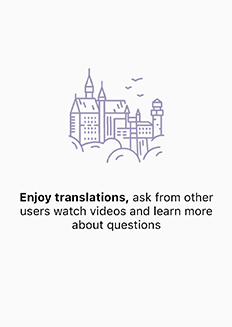 Onboarding screen about translations, answers from other users and videos