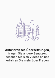 Onboarding-Bildschirm zu Übersetzungen, Antworten anderer Nutzer und Videos