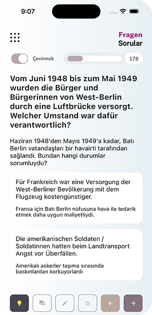 Almanca bir sınav sorusu ve her yanıtın altındaki çevirisi