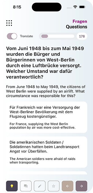 An exam question in German with the translation under every answer
