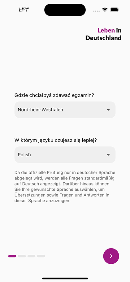 Wybór landu i preferowanego języka przy pierwszym uruchomieniu aplikacji