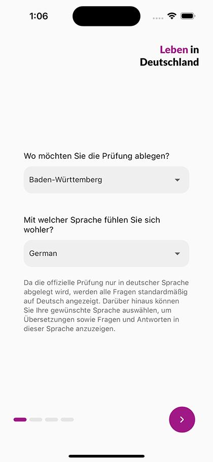 Auswahl von Bundesland und Wunschsprache beim Start der App