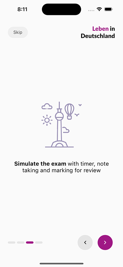 Onboarding slide: simulate the exam with a timer, notes and marking for review