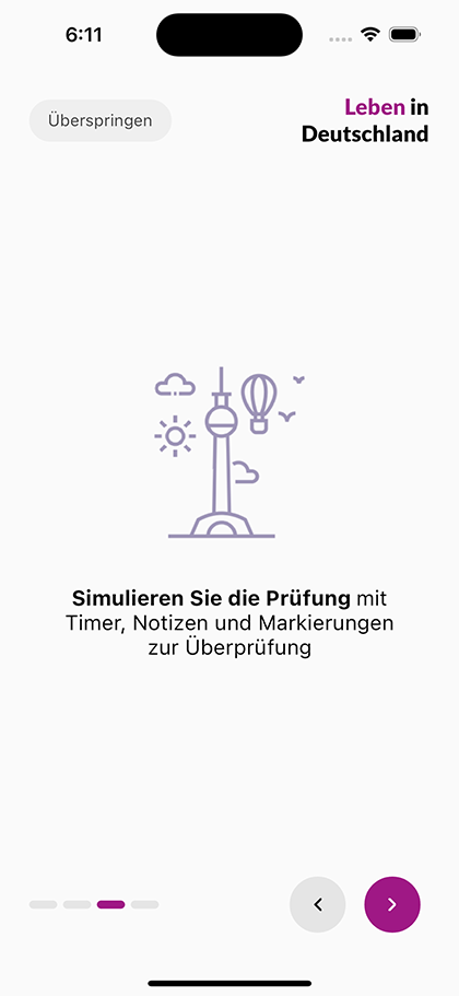 Onboarding-Folie: die Prüfung mit Timer, Notizen und Markierungen simulieren