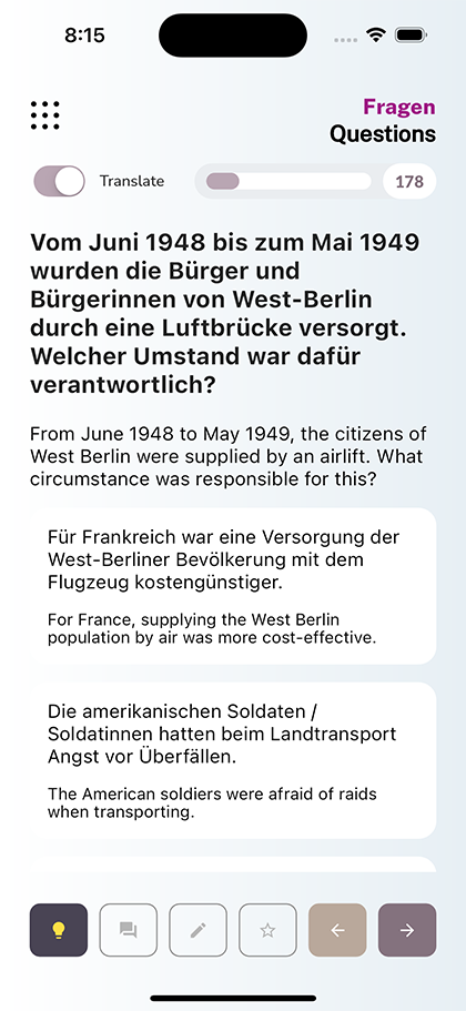 A question shown in German with the translation turned on