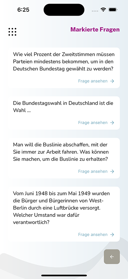 Die Liste der Fragen, die zur Wiederholung markiert wurden