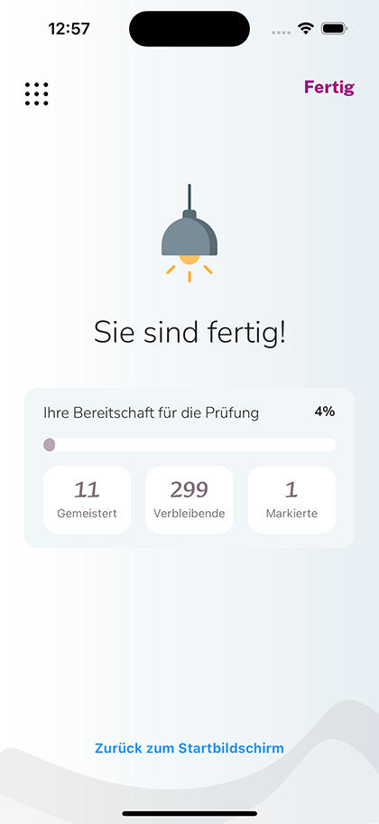 Prüfungsbereitschaft mit der Zahl der gemeisterten, verbleibenden und markierten Fragen