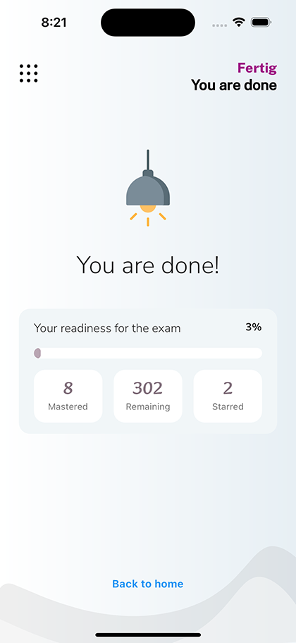 Exam readiness with the number of mastered, remaining and starred questions
