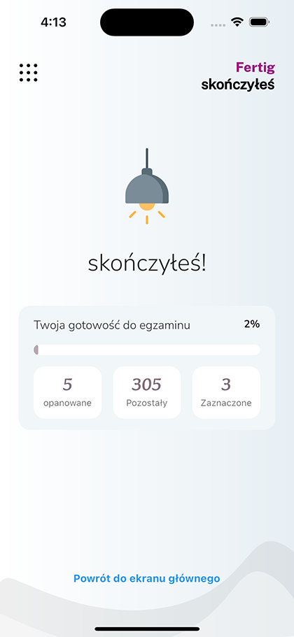 Gotowość do egzaminu z liczbą pytań opanowanych, pozostałych i oznaczonych