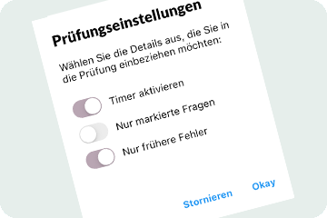 Nahaufnahme der Prüfungseinstellungen mit eingeschaltetem Timer