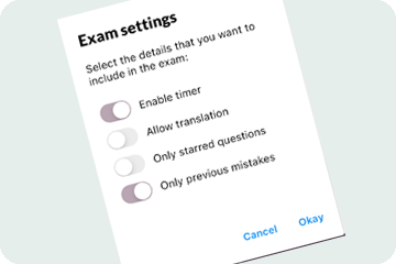 Close-up of the exam settings with the timer switched on