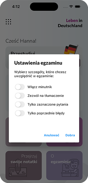 Okno ustawień egzaminu: czas, tłumaczenie, tylko pytania z gwiazdką i tylko wcześniejsze błędy