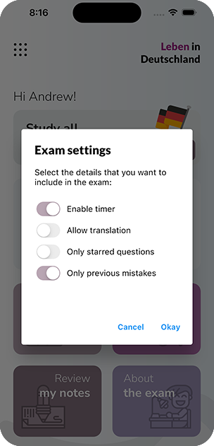 Exam settings dialog: timer, translation, only starred questions and only previous mistakes
