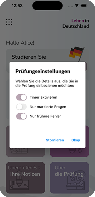 Dialog mit den Prüfungseinstellungen: Timer, Übersetzung, nur markierte Fragen und nur frühere Fehler