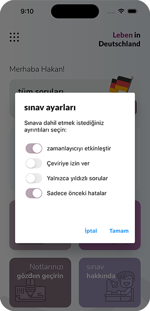 Sınav ayarları penceresi: sayaç, çeviri, yalnızca yıldızlı sorular ve yalnızca önceki hatalar